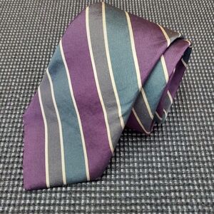 LANVIN Paris Necktie Purple/Green/Gray Striped Silk Tie L:55.5” W:3.0”